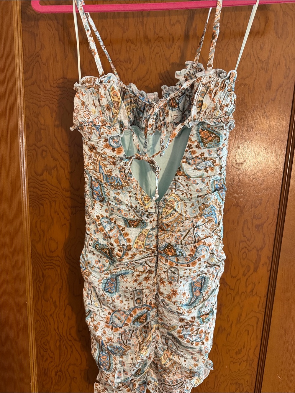Sky To Moon Smocked Paisley Mini Dress in Cream Brown and Blue - Picture 4 of 7